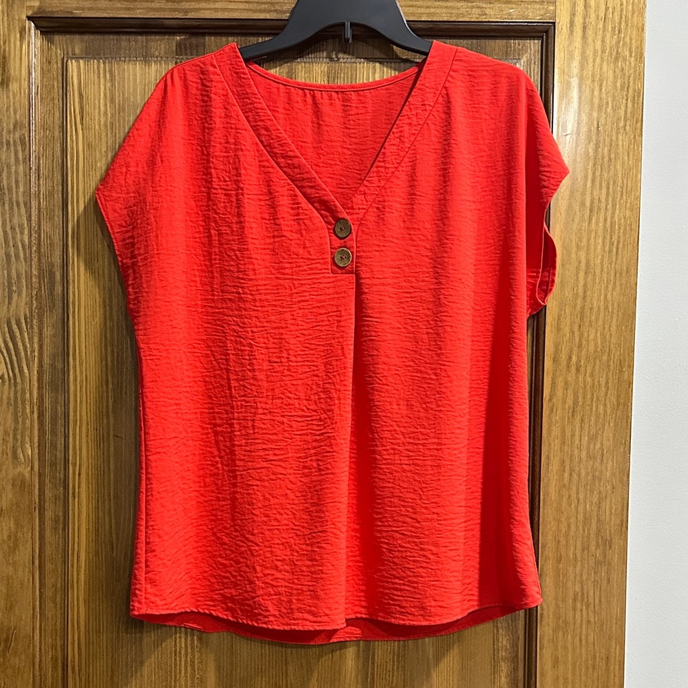 Red V-Neck Short Sleeve Top with Button Detail